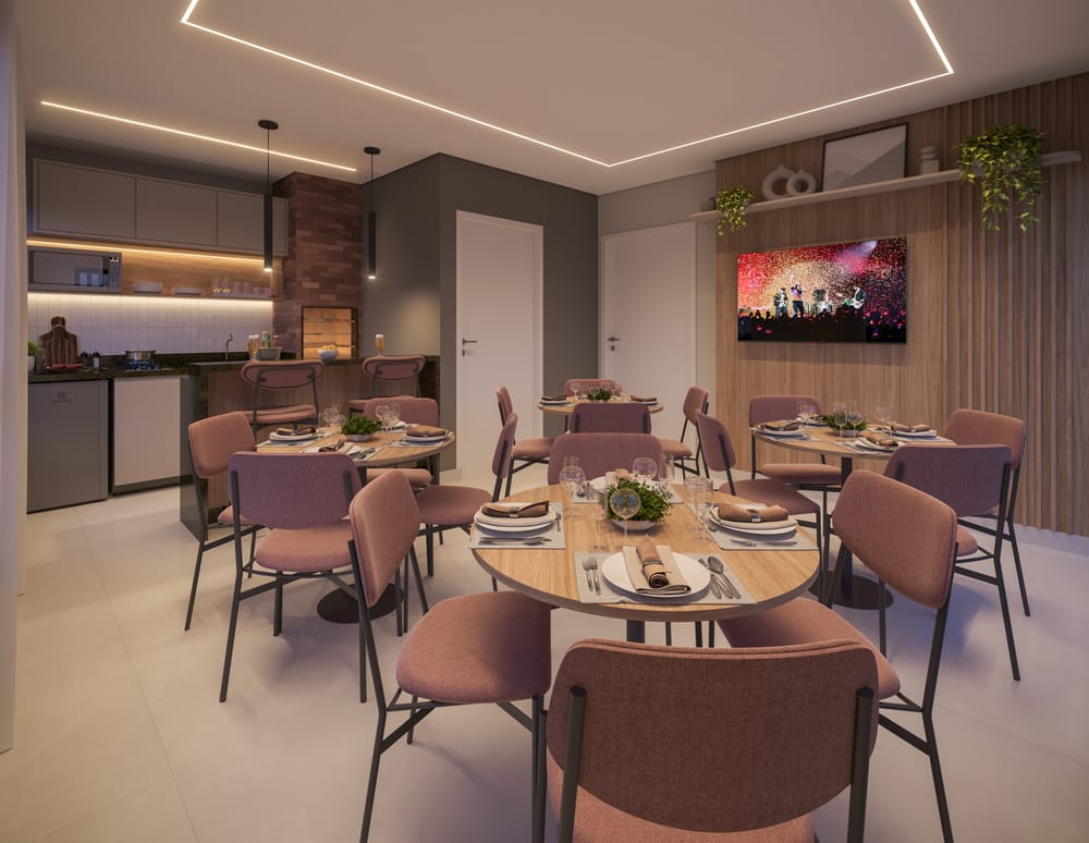 Espaço gourmet do Visconti 2150 com cozinha equipada e mesas para receber convidados