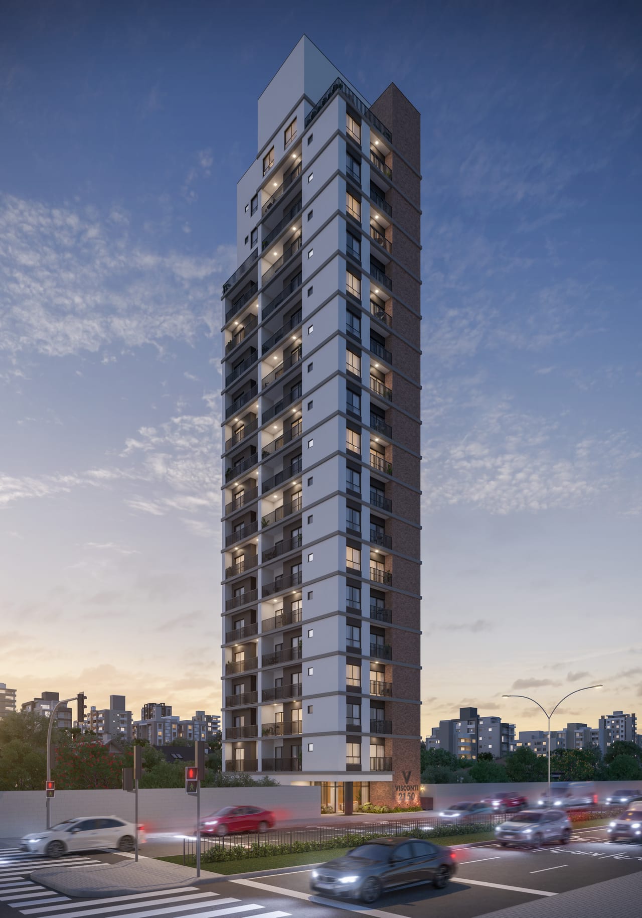 Torre do Visconti 2150 vista da Av. Visconde de Guarapuava ao entardecer, com a fachada iluminada e o movimento da avenida