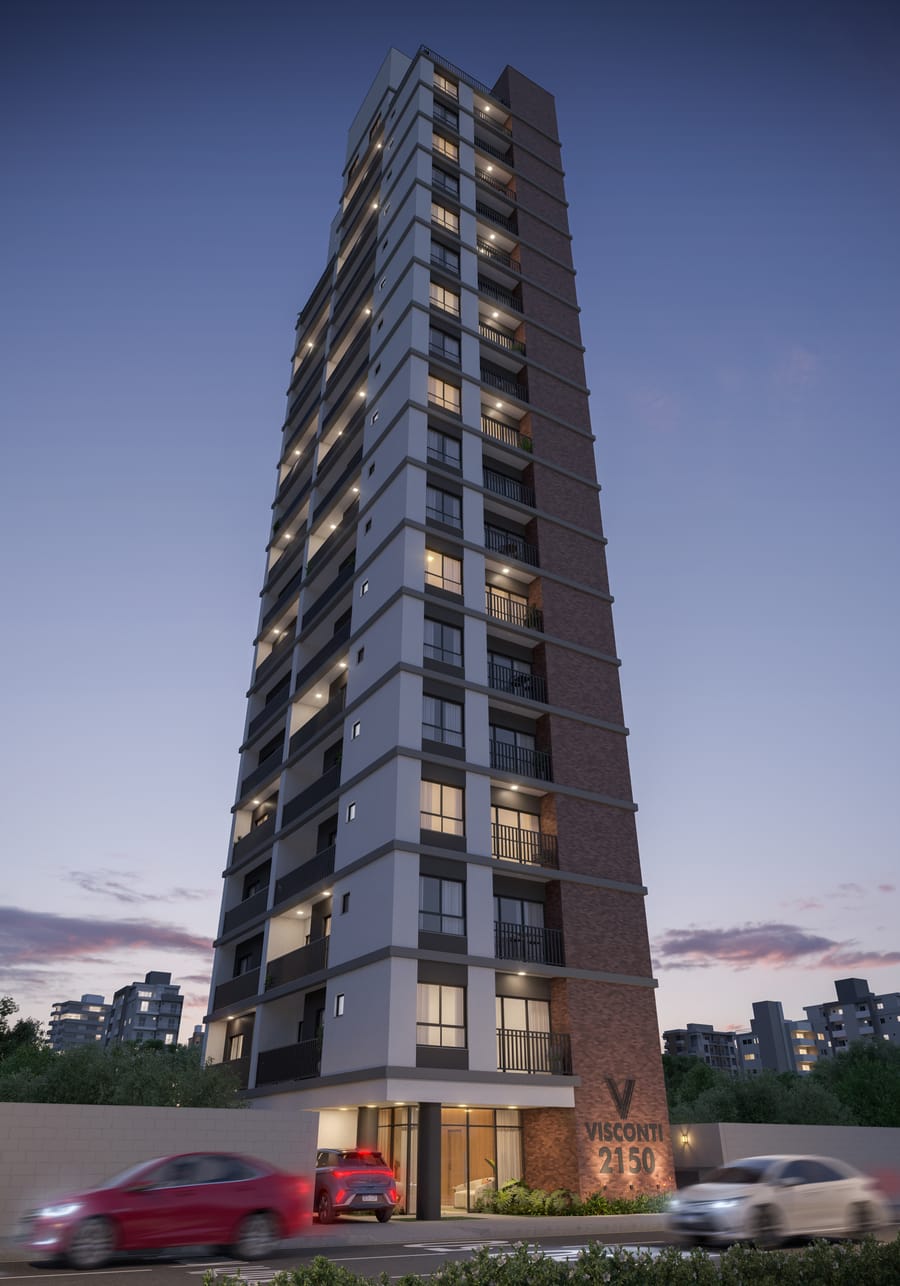 Torre do Visconti 2150 vista de frente, com 19 pavimentos, fachada em pele branca e volume em tijolo aparente