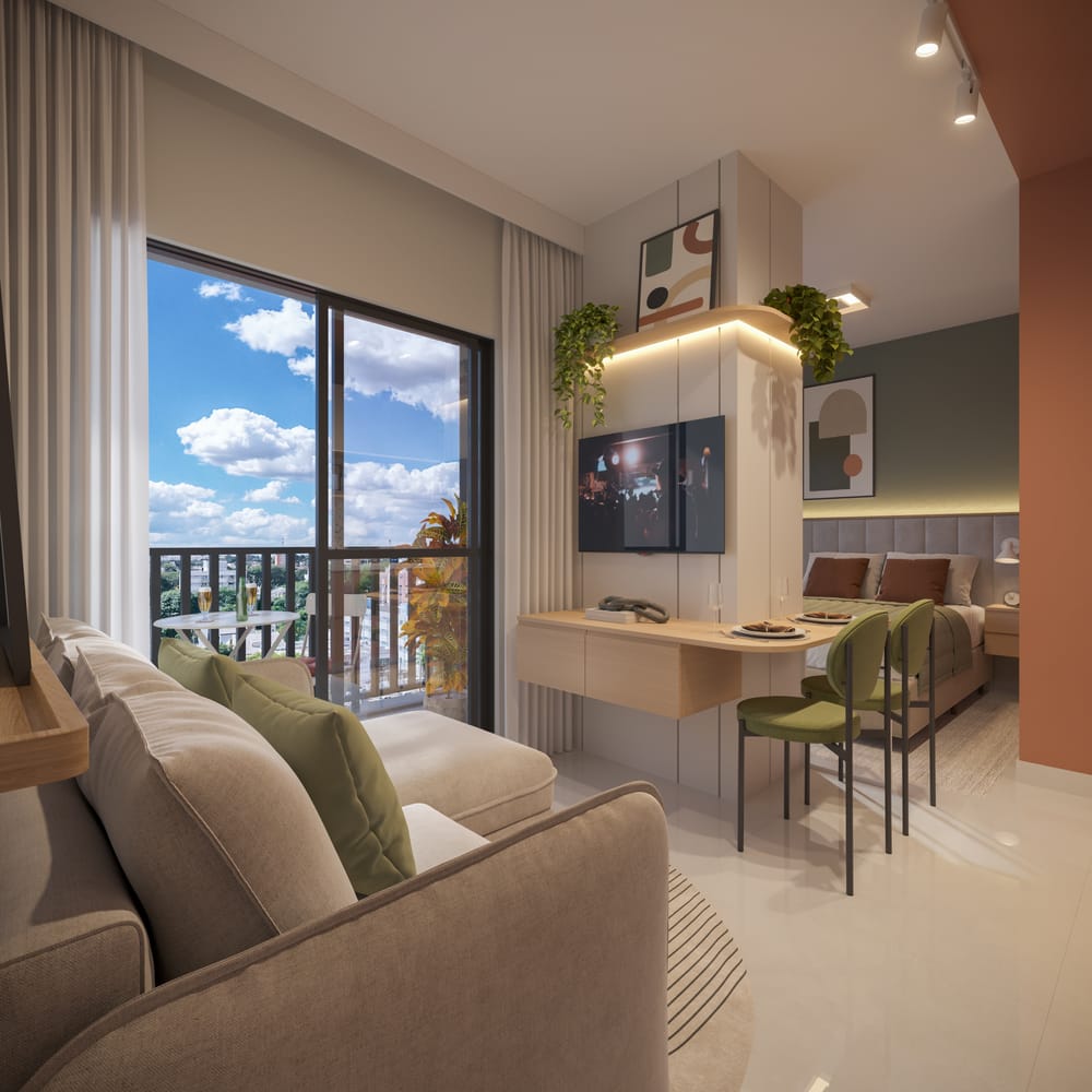 Sala de estar integrada de um apartamento do Visconti 2150 com sacada e vista para a cidade