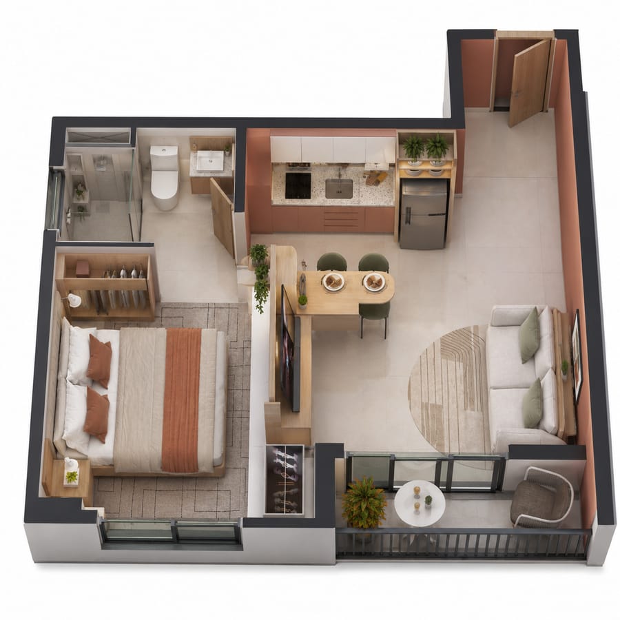 Perspectiva 3D de um apartamento do Visconti 2150 mostrando dormitório, sala, cozinha e sacada