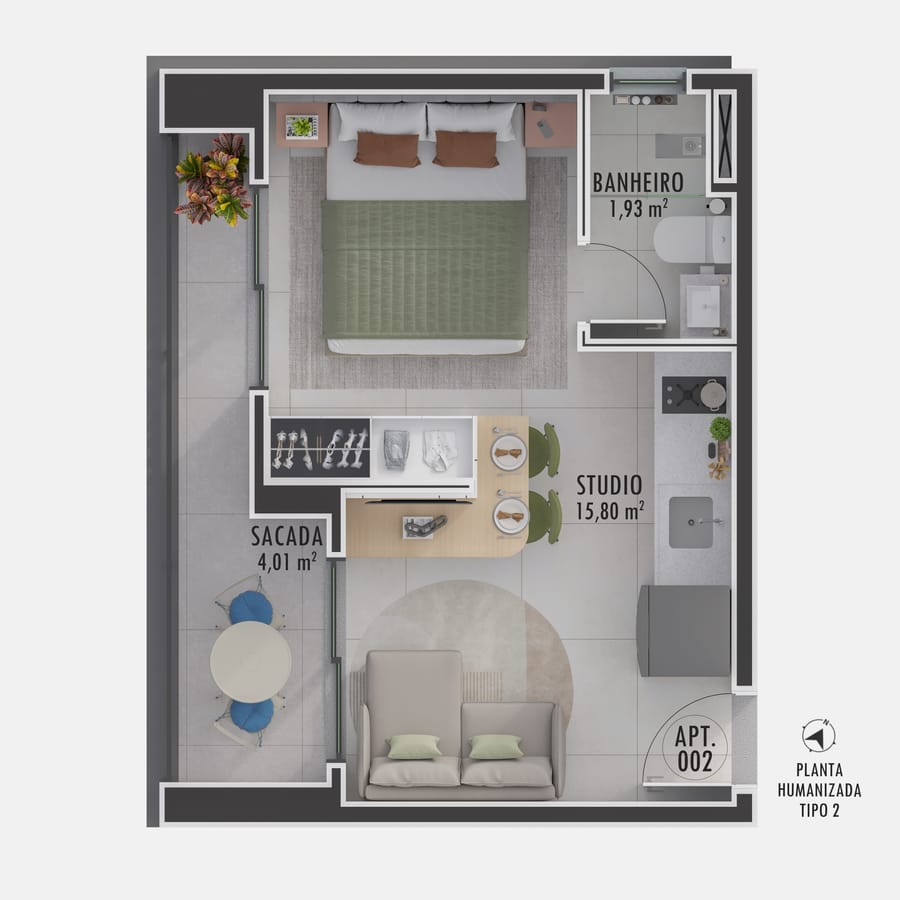 Planta humanizada do Final 1 do Visconti 2150 na configuração studio, com sacada