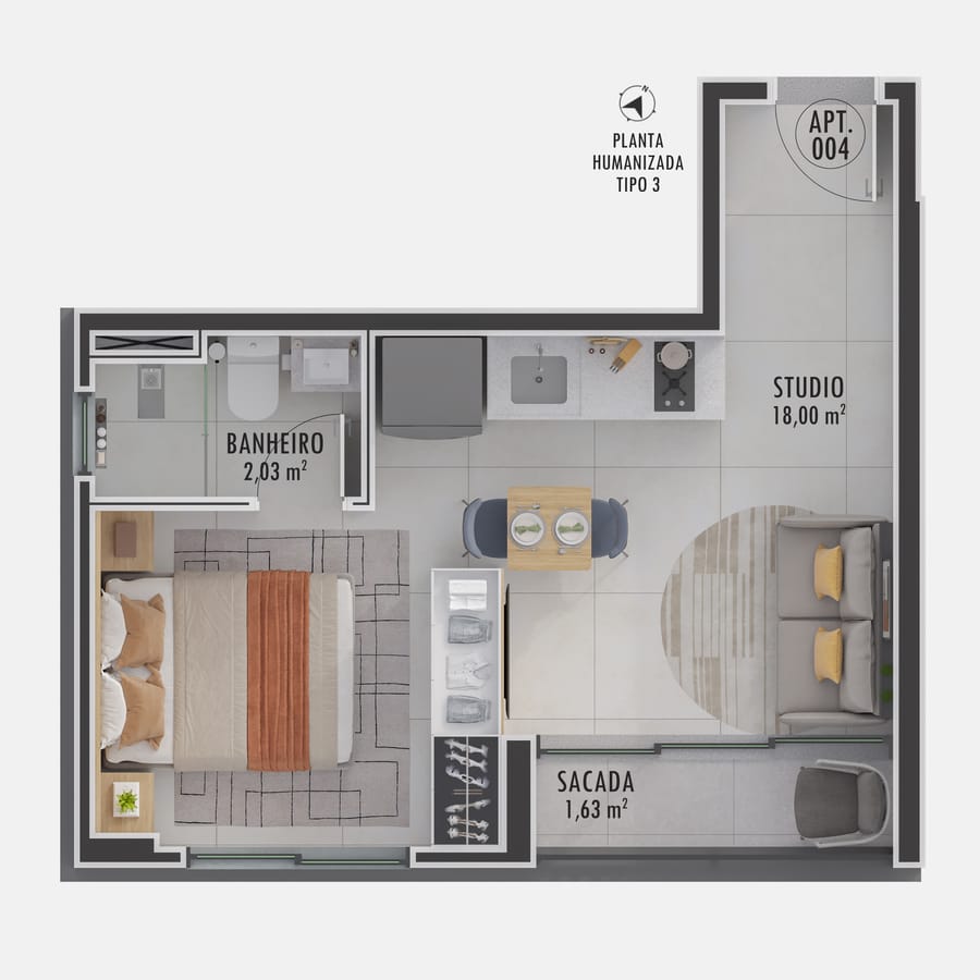 Planta humanizada dos Finais 2 e 3 do Visconti 2150 na configuração studio, com sacada