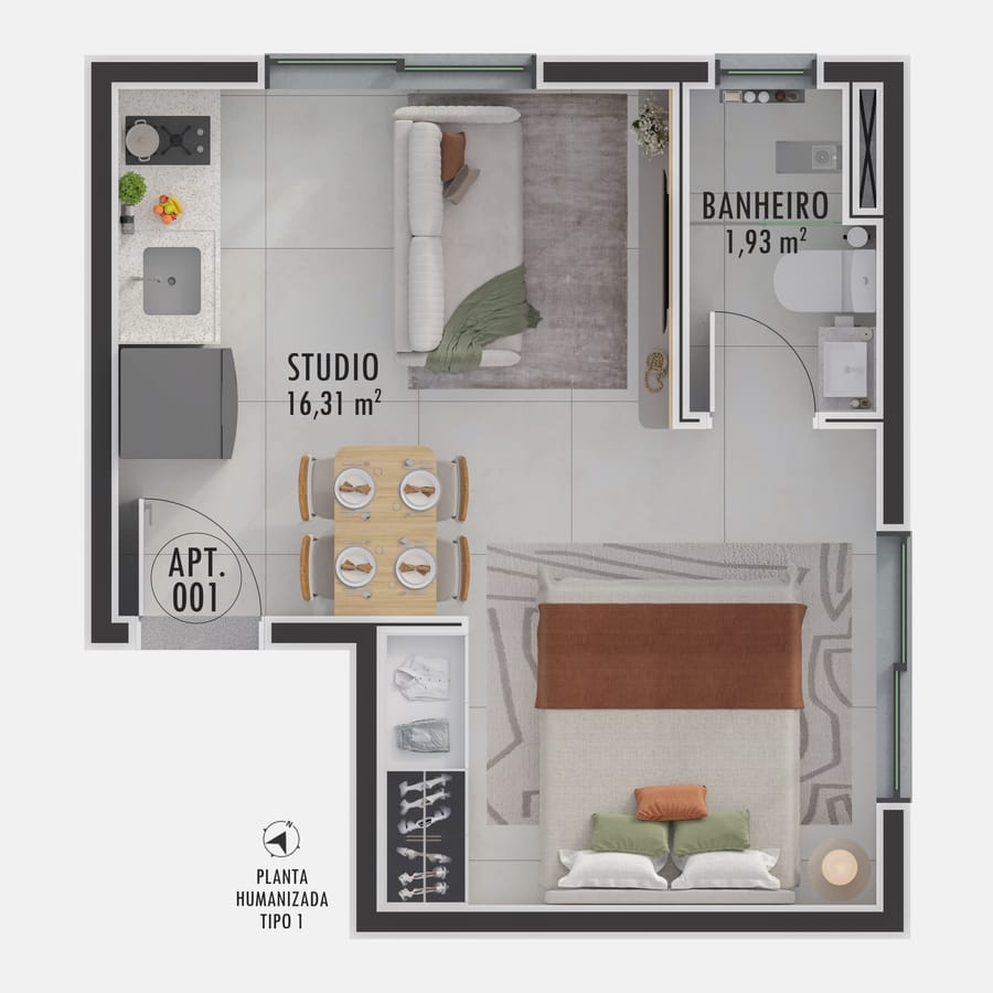 Planta humanizada do Final 4 do Visconti 2150 na configuração studio