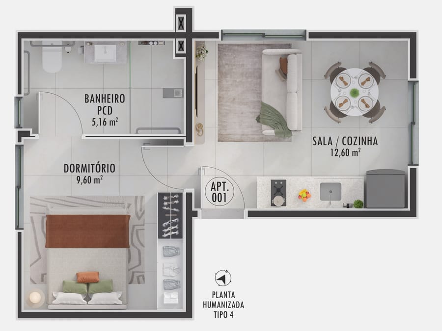 Planta humanizada da unidade acessível do Visconti 2150, com dormitório separado, sala/cozinha e banheiro PCD